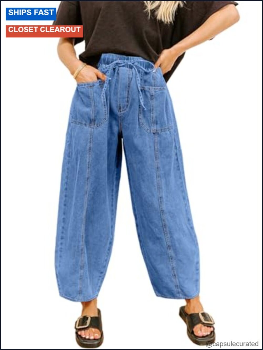 Sidefeel Women's Barrel Jeans High Waisted Stretchy Denim with Drawstring -